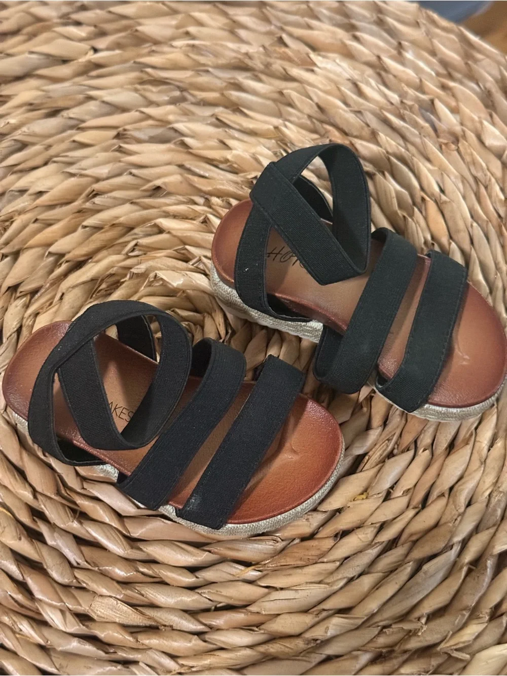 Baby Black Elastic Strap Sandals with Brown Footbed